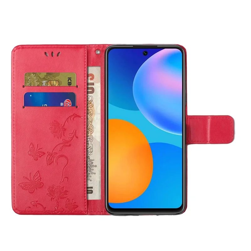Butterfly and Flower Imprinting Leather Cover Phone Standing Wallet Shell with Hand Strap for Xiaomi 11T / 11T Pro - Red