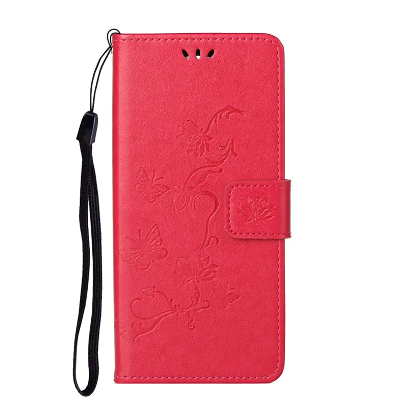 Butterfly and Flower Imprinting Leather Cover Phone Standing Wallet Shell with Hand Strap for Xiaomi 11T / 11T Pro - Red