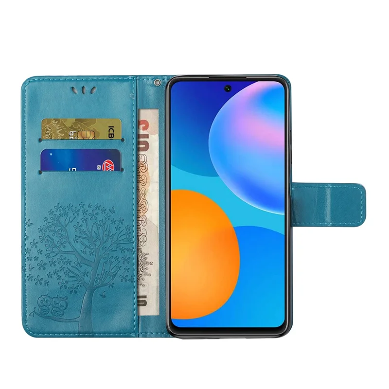 Owl and Tree Pattern Imprinted Wallet Stand PU Leather Protective Phone Shell for Xiaomi 11T / 11T Pro - Blue