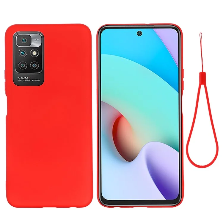 Liquid Silicone + Soft Microfiber Lining Slim Back Cover with Strap for Xiaomi Redmi 10 4G (2021)/Redmi 10 2022 4G/Redmi Note 11 4G (MediaTek)/Redmi 10 Prime - Red