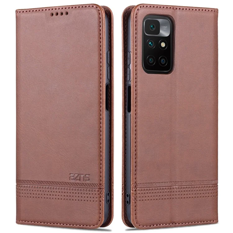 Azns Прочный Кошелек Дизайн Кожи Кожи Shotpereper Cople Cover Case Для Xiaomi Redmi 10 4G (2021)/Redmi 10 2022 4G/Redmi Note 11 4G (MediaTek)/Redmi 10 Prime - Кофе