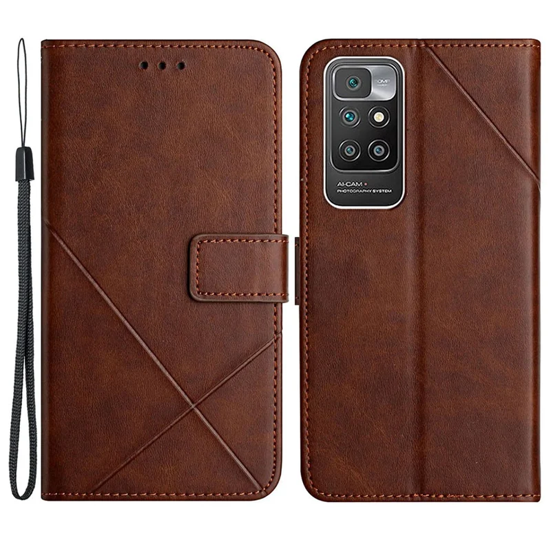 Stripe Leather Phone Case Solid Color Wallet Phone Shell for Xiaomi Redmi 10 4G (2021)/Redmi 10 2022 4G/Redmi Note 11 4G (MediaTek)/Redmi 10 Prime - Dark Brown
