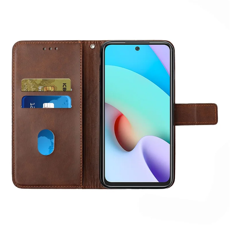 Stripe Leather Phone Case Solid Color Wallet Phone Shell for Xiaomi Redmi 10 4G (2021)/Redmi 10 2022 4G/Redmi Note 11 4G (MediaTek)/Redmi 10 Prime - Dark Brown