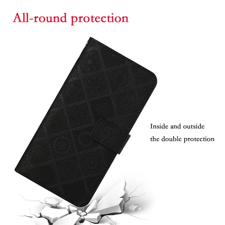 Ethnic Flower Imprinted Wallet Leather Case with Hand Strap for Xiaomi Poco M3 Pro 4G / 5G / Redmi Note 10 5G/Redmi Note 10T 5G - Black