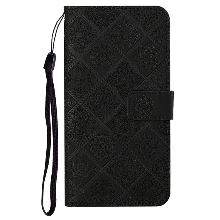 Ethnic Flower Imprinted Wallet Leather Case with Hand Strap for Xiaomi Poco M3 Pro 4G / 5G / Redmi Note 10 5G/Redmi Note 10T 5G - Black