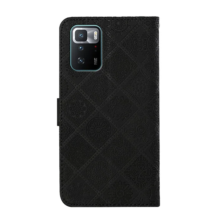 Ethnic Flower Imprinted Anti-Drop Stand Wallet Design Leather Case with Hand Strap for Xiaomi Redmi Note 10 Pro 5G (China)/Poco X3 GT 5G - Black