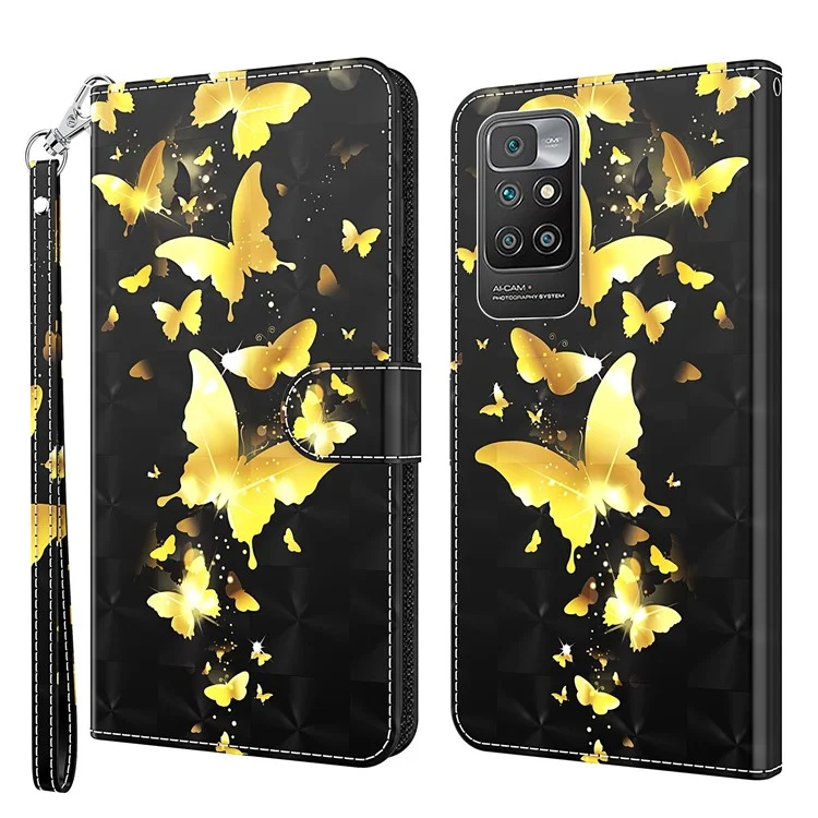 3D Pattern Printing Leather Case Wallet Stand Cover with Carrying Lanyard for Xiaomi Redmi 10 4G (2021)/Redmi 10 2022 4G/Redmi Note 11 4G (MediaTek)/Redmi 10 Prime - Golden Butterflies