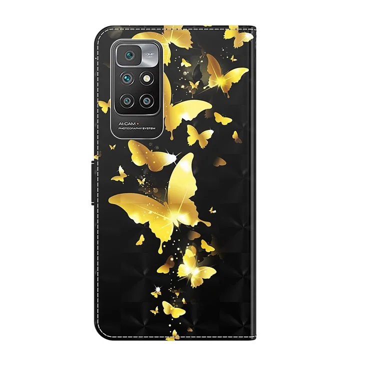 3D Pattern Printing Leather Case Wallet Stand Cover with Carrying Lanyard for Xiaomi Redmi 10 4G (2021)/Redmi 10 2022 4G/Redmi Note 11 4G (MediaTek)/Redmi 10 Prime - Golden Butterflies