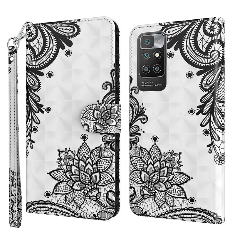 3D Pattern Printing Leather Case Wallet Stand Cover with Carrying Lanyard for Xiaomi Redmi 10 4G (2021)/Redmi 10 2022 4G/Redmi Note 11 4G (MediaTek)/Redmi 10 Prime - Lace Flower