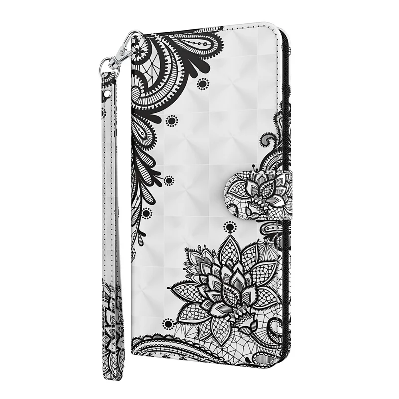 3D Pattern Printing Leather Case Wallet Stand Cover with Carrying Lanyard for Xiaomi Redmi 10 4G (2021)/Redmi 10 2022 4G/Redmi Note 11 4G (MediaTek)/Redmi 10 Prime - Lace Flower