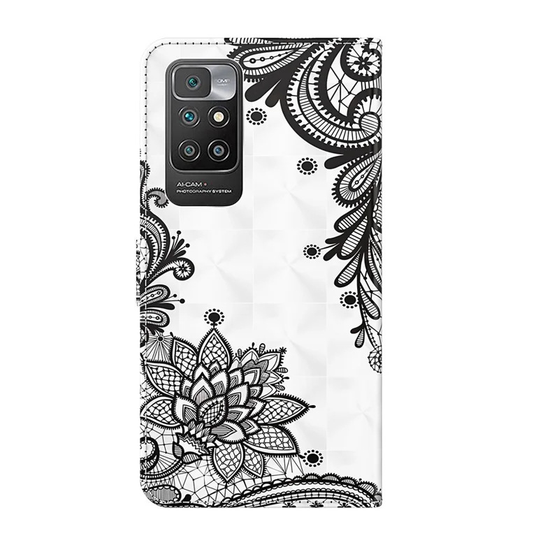 3D Pattern Printing Leather Case Wallet Stand Cover with Carrying Lanyard for Xiaomi Redmi 10 4G (2021)/Redmi 10 2022 4G/Redmi Note 11 4G (MediaTek)/Redmi 10 Prime - Lace Flower