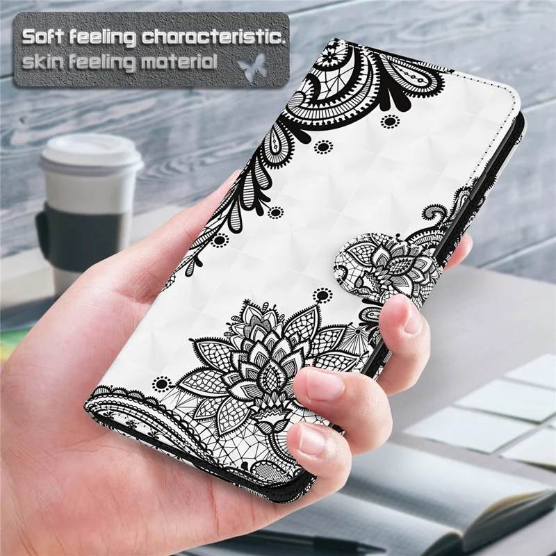 3D Pattern Printing Leather Case Wallet Stand Cover with Carrying Lanyard for Xiaomi Redmi 10 4G (2021)/Redmi 10 2022 4G/Redmi Note 11 4G (MediaTek)/Redmi 10 Prime - Lace Flower