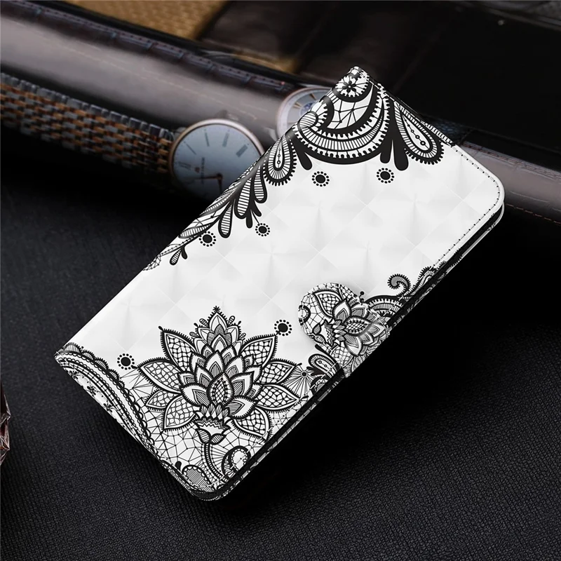 3D Pattern Printing Leather Case Wallet Stand Cover with Carrying Lanyard for Xiaomi Redmi 10 4G (2021)/Redmi 10 2022 4G/Redmi Note 11 4G (MediaTek)/Redmi 10 Prime - Lace Flower