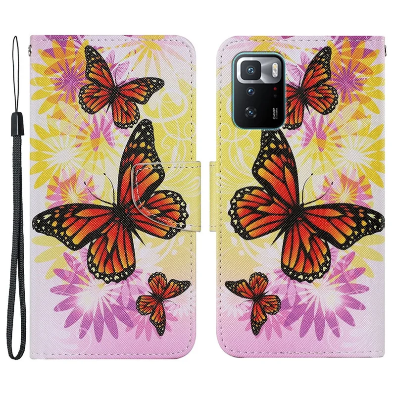 Folio Flip Magnetic Clasp Pattern Printing Leather Phone Case Wallet Stand Cover with Wrist Strap for Xiaomi Redmi Note 10 Pro 5G (China)/Poco X3 GT - Butterfly/Flower