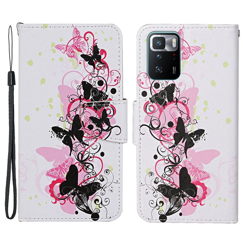 Pattern Printing Folio Flip Leather Phone Case Wallet Stand Cover with Wrist Strap for Xiaomi Redmi Note 10 Pro 5G (China) / Poco X3 GT - Four Butterflies