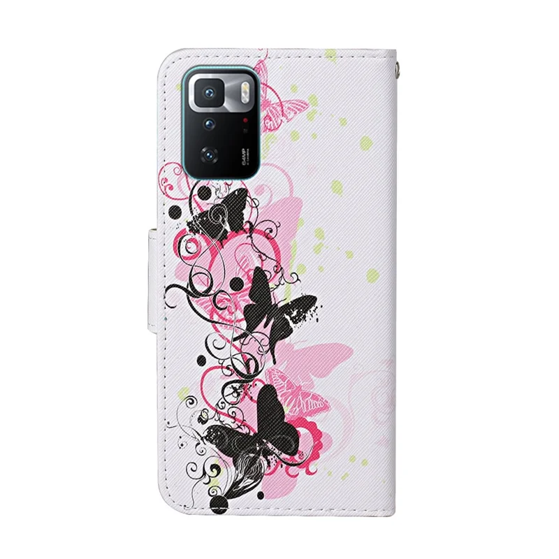 Pattern Printing Folio Flip Leather Phone Case Wallet Stand Cover with Wrist Strap for Xiaomi Redmi Note 10 Pro 5G (China) / Poco X3 GT - Four Butterflies