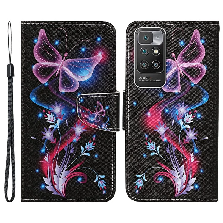 Casa de Couro de Impressão de Padrões de Proteção Geral Com Carteira e Suporte Para Xiaomi Redmi 10 4G (2021)/Redmi 10 2022 4G/Redmi Nota 11 4G (MediaTek)/Redmi 10 Prime Prime - Borboleta Rosa
