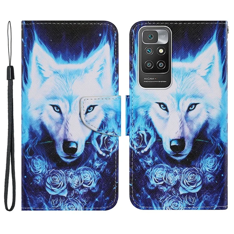Печать с Рисунком Shockpereper The Cheely Phone Case Coverse с Ремешком Для Запястья Для Xiaomi Redmi 10 4G (2021)/Redmi 10 2022 4G/Redmi Примечание 11 4G (MediaTek)/Redmi 10 Prime - Роза и Волк