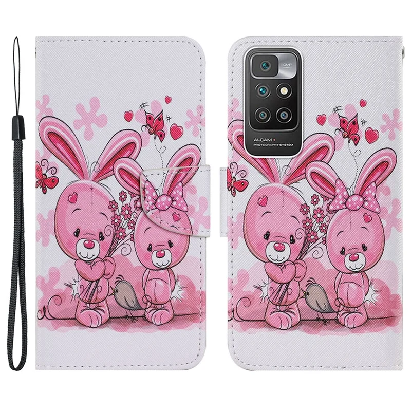 Pattern Printing Shockproof Leather Phone Case Wallet Cover with Wrist Strap for Xiaomi Redmi 10 4G (2021)/Redmi 10 2022 4G/Redmi Note 11 4G (MediaTek)/Redmi 10 Prime - Rabbit