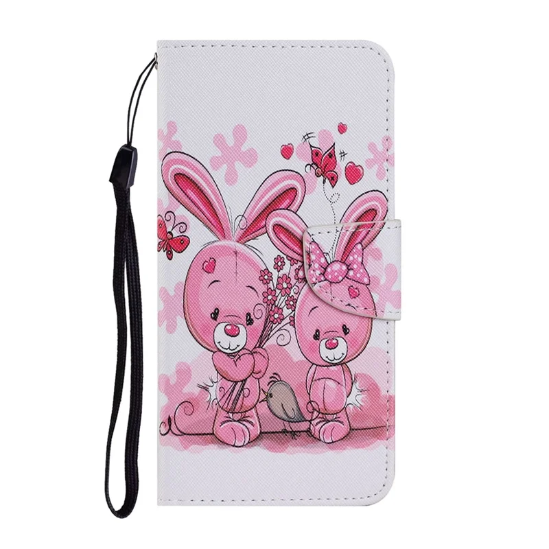 Pattern Printing Shockproof Leather Phone Case Wallet Cover with Wrist Strap for Xiaomi Redmi 10 4G (2021)/Redmi 10 2022 4G/Redmi Note 11 4G (MediaTek)/Redmi 10 Prime - Rabbit