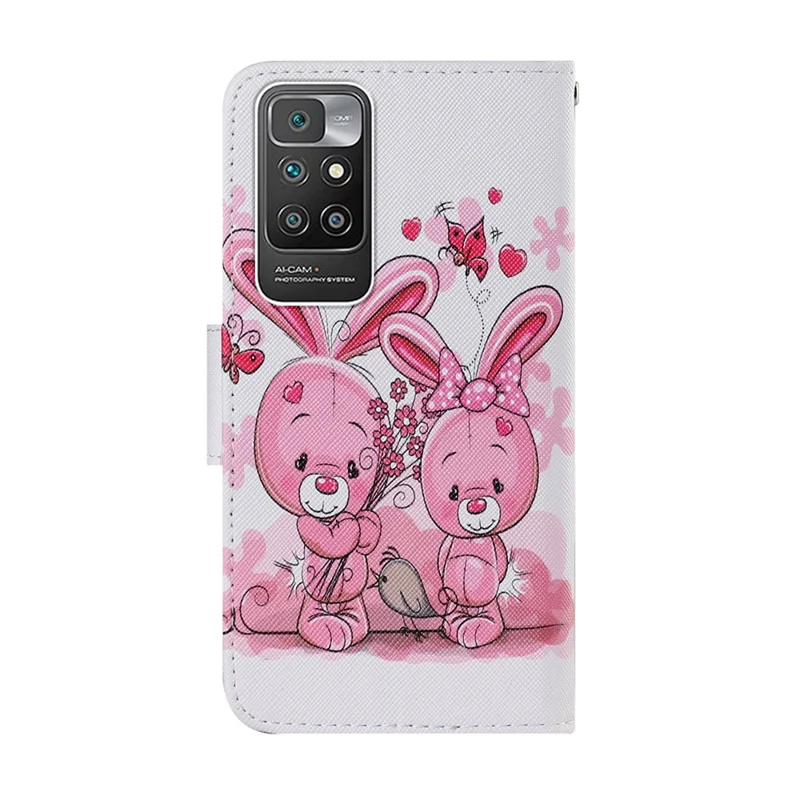 Pattern Printing Shockproof Leather Phone Case Wallet Cover with Wrist Strap for Xiaomi Redmi 10 4G (2021)/Redmi 10 2022 4G/Redmi Note 11 4G (MediaTek)/Redmi 10 Prime - Rabbit