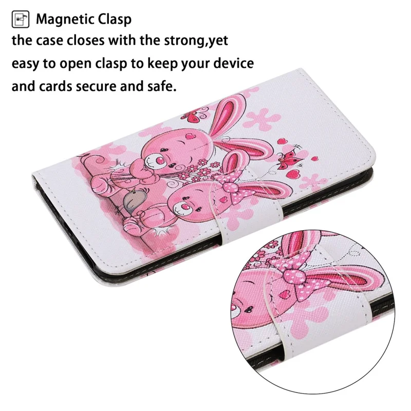 Pattern Printing Shockproof Leather Phone Case Wallet Cover with Wrist Strap for Xiaomi Redmi 10 4G (2021)/Redmi 10 2022 4G/Redmi Note 11 4G (MediaTek)/Redmi 10 Prime - Rabbit