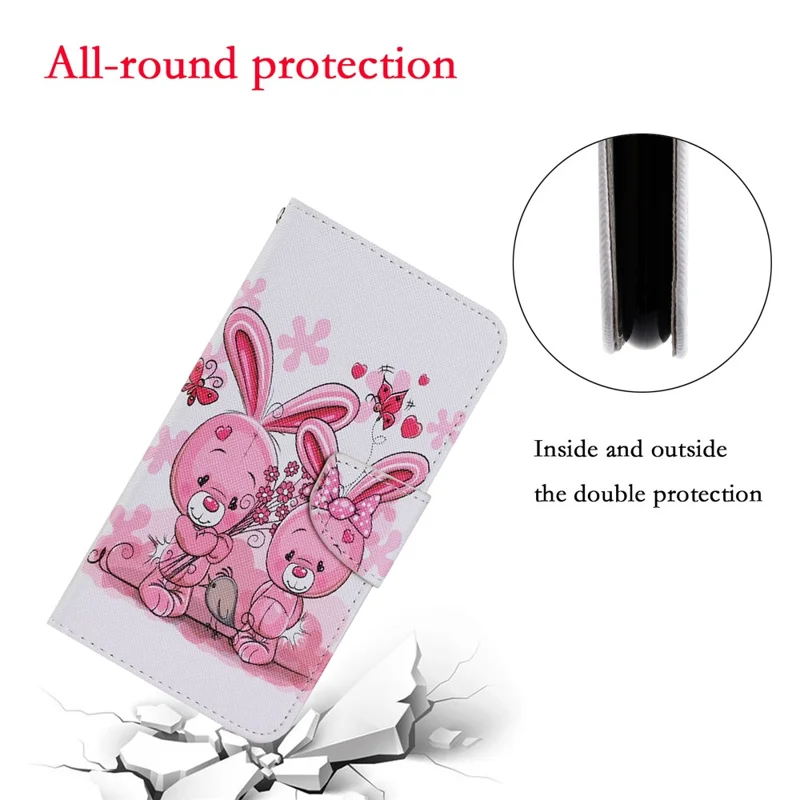 Pattern Printing Shockproof Leather Phone Case Wallet Cover with Wrist Strap for Xiaomi Redmi 10 4G (2021)/Redmi 10 2022 4G/Redmi Note 11 4G (MediaTek)/Redmi 10 Prime - Rabbit