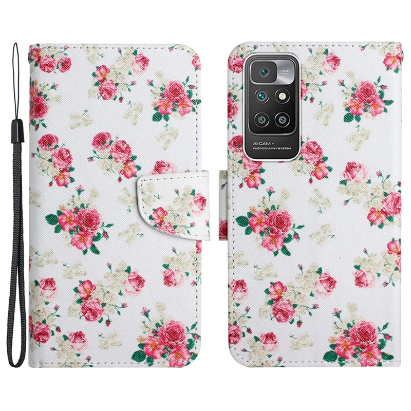 Pattern Printing Folio Flip Leather Phone Stand Wallet Case Cover with Strap for Xiaomi Redmi 10 4G (2021)/Redmi 10 2022 4G/Redmi Note 11 4G (MediaTek)/Redmi 10 Prime - Red Peony