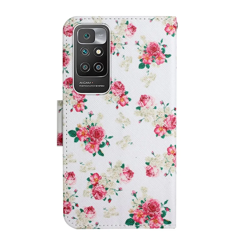 Pattern Printing Folio Flip Leather Phone Stand Wallet Case Cover with Strap for Xiaomi Redmi 10 4G (2021)/Redmi 10 2022 4G/Redmi Note 11 4G (MediaTek)/Redmi 10 Prime - Red Peony