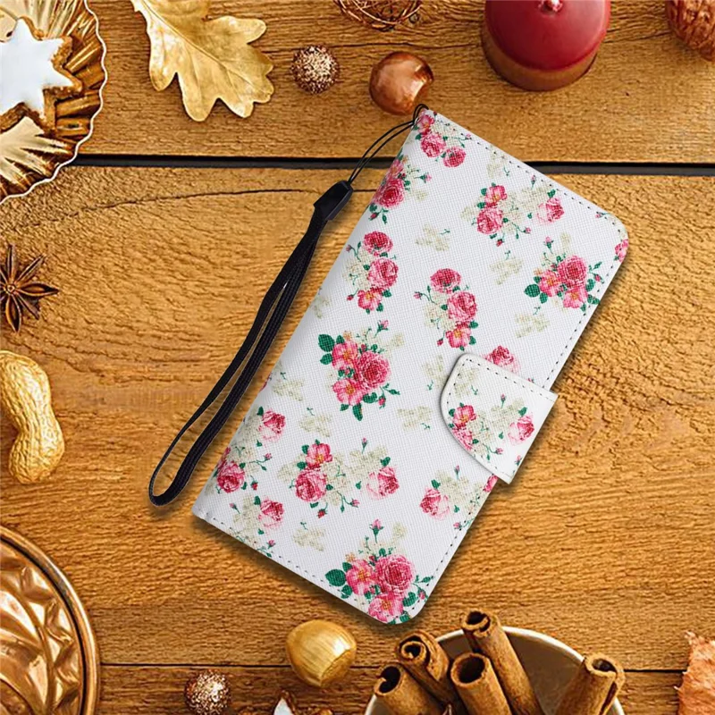 Pattern Printing Folio Flip Leather Phone Stand Wallet Case Cover with Strap for Xiaomi Redmi 10 4G (2021)/Redmi 10 2022 4G/Redmi Note 11 4G (MediaTek)/Redmi 10 Prime - Red Peony