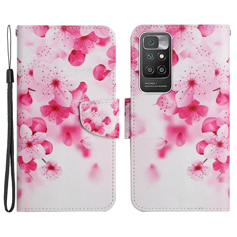 Pattern Printing Folio Flip Leather Phone Stand Wallet Case Cover with Strap for Xiaomi Redmi 10 4G (2021)/Redmi 10 2022 4G/Redmi Note 11 4G (MediaTek)/Redmi 10 Prime - Red Flower