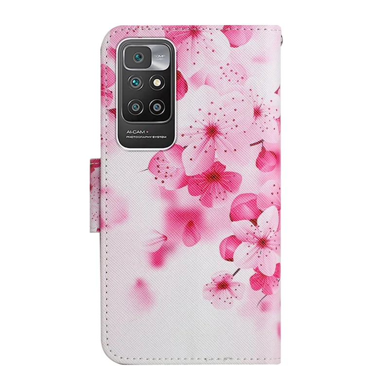 Pattern Printing Folio Flip Leather Phone Stand Wallet Case Cover with Strap for Xiaomi Redmi 10 4G (2021)/Redmi 10 2022 4G/Redmi Note 11 4G (MediaTek)/Redmi 10 Prime - Red Flower