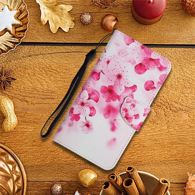 Pattern Printing Folio Flip Leather Phone Stand Wallet Case Cover with Strap for Xiaomi Redmi 10 4G (2021)/Redmi 10 2022 4G/Redmi Note 11 4G (MediaTek)/Redmi 10 Prime - Red Flower