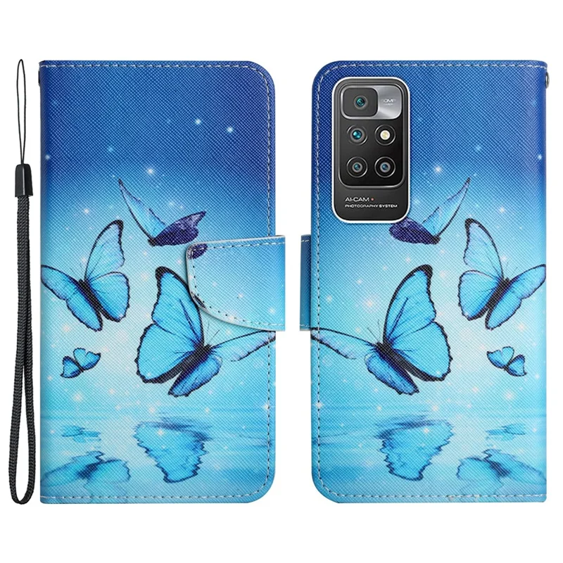 Pattern Printing Folio Flip Leather Phone Stand Wallet Case Cover with Strap for Xiaomi Redmi 10 4G (2021)/Redmi 10 2022 4G/Redmi Note 11 4G (MediaTek)/Redmi 10 Prime - Flying Butterfly