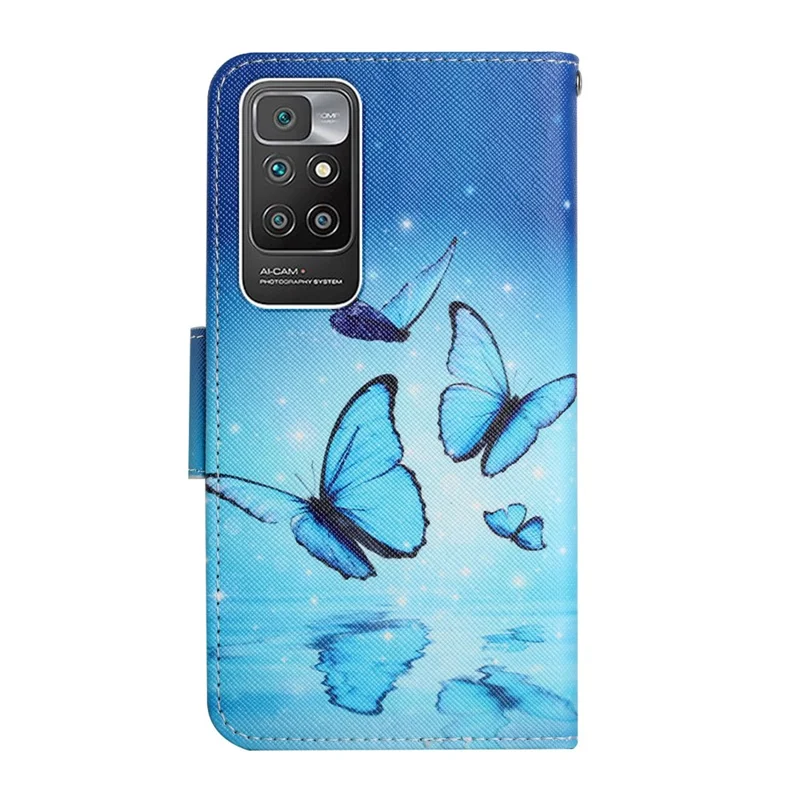 Pattern Printing Folio Flip Leather Phone Stand Wallet Case Cover with Strap for Xiaomi Redmi 10 4G (2021)/Redmi 10 2022 4G/Redmi Note 11 4G (MediaTek)/Redmi 10 Prime - Flying Butterfly