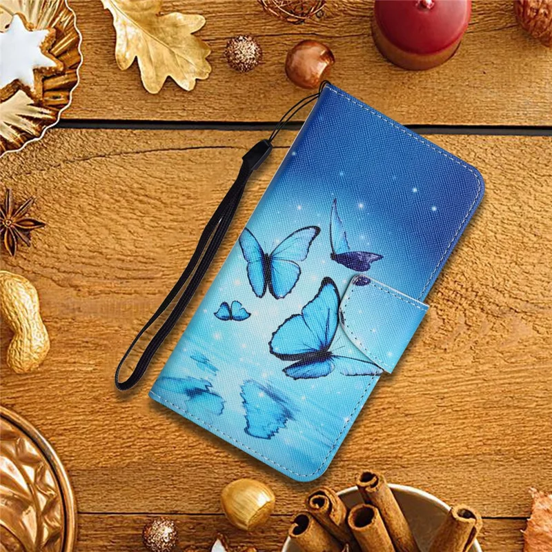Pattern Printing Folio Flip Leather Phone Stand Wallet Case Cover with Strap for Xiaomi Redmi 10 4G (2021)/Redmi 10 2022 4G/Redmi Note 11 4G (MediaTek)/Redmi 10 Prime - Flying Butterfly