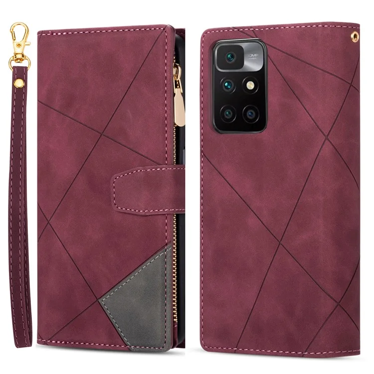 Linee Disegno di Giunzione Design Anti-Caduta Portafoglio Protetto Custodia in Pelle per Telefono con Supporto per Xiaomi Xiaomi Redmi 10 4G (2021)/Redmi 10 2022 4G/Redmi Note 11 4G (MediaTek)/Redmi 10 Prime - Rosso
