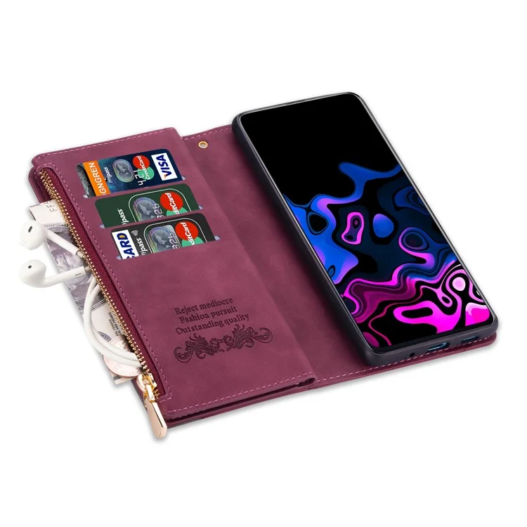 Linee Disegno di Giunzione Design Anti-Caduta Portafoglio Protetto Custodia in Pelle per Telefono con Supporto per Xiaomi Xiaomi Redmi 10 4G (2021)/Redmi 10 2022 4G/Redmi Note 11 4G (MediaTek)/Redmi 10 Prime - Rosso