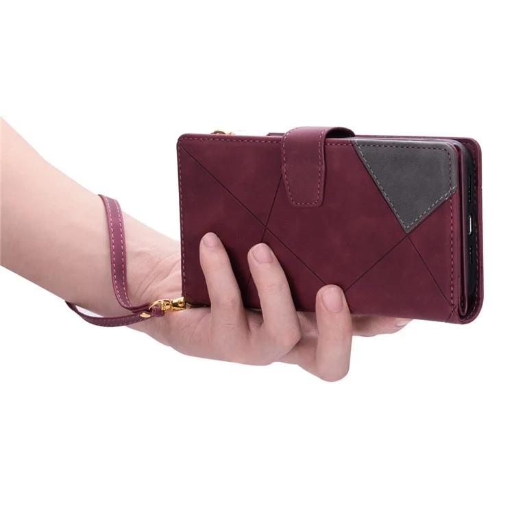 Linee Disegno di Giunzione Design Anti-Caduta Portafoglio Protetto Custodia in Pelle per Telefono con Supporto per Xiaomi Xiaomi Redmi 10 4G (2021)/Redmi 10 2022 4G/Redmi Note 11 4G (MediaTek)/Redmi 10 Prime - Rosso