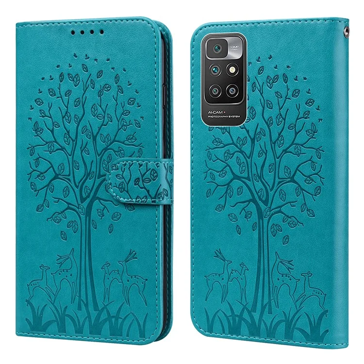 Tree and Deer Imprinted Double-sided Magnetic Clasp Scratch-resistant Stylish Leather Wallet Stand Phone Shell Case for Xiaomi Xiaomi Redmi 10 4G (2021)/Redmi 10 2022 4G/Redmi Note 11 4G (MediaTek)/Redmi 10 Prime - Blue