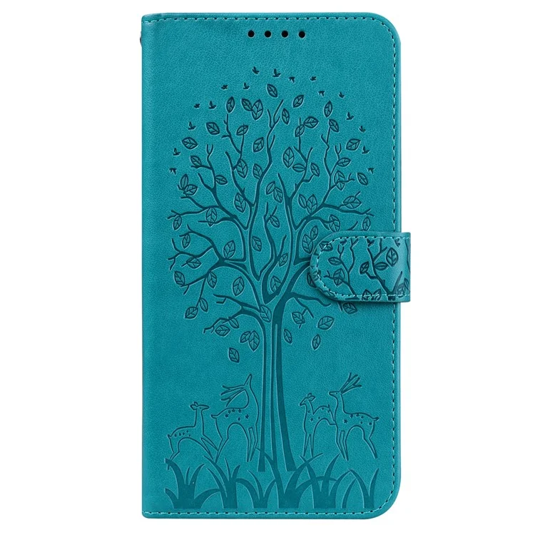 Tree and Deer Imprinted Double-sided Magnetic Clasp Scratch-resistant Stylish Leather Wallet Stand Phone Shell Case for Xiaomi Xiaomi Redmi 10 4G (2021)/Redmi 10 2022 4G/Redmi Note 11 4G (MediaTek)/Redmi 10 Prime - Blue