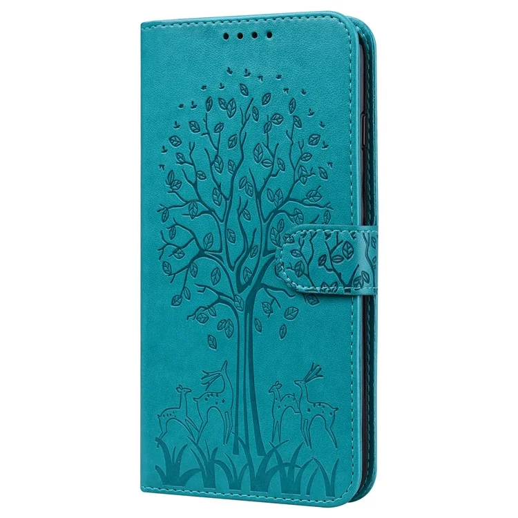Tree and Deer Imprinted Double-sided Magnetic Clasp Scratch-resistant Stylish Leather Wallet Stand Phone Shell Case for Xiaomi Xiaomi Redmi 10 4G (2021)/Redmi 10 2022 4G/Redmi Note 11 4G (MediaTek)/Redmi 10 Prime - Blue