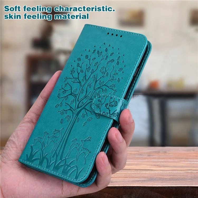 Tree and Deer Imprinted Double-sided Magnetic Clasp Scratch-resistant Stylish Leather Wallet Stand Phone Shell Case for Xiaomi Xiaomi Redmi 10 4G (2021)/Redmi 10 2022 4G/Redmi Note 11 4G (MediaTek)/Redmi 10 Prime - Blue