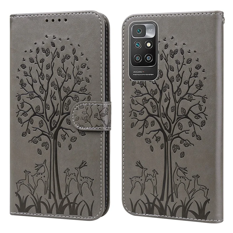 Tree and Deer Imprinted Double-sided Magnetic Clasp Scratch-resistant Stylish Leather Wallet Stand Phone Shell Case for Xiaomi Xiaomi Redmi 10 4G (2021)/Redmi 10 2022 4G/Redmi Note 11 4G (MediaTek)/Redmi 10 Prime - Grey