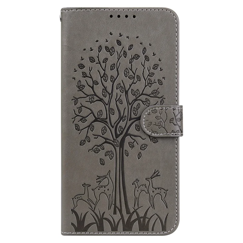 Tree and Deer Imprinted Double-sided Magnetic Clasp Scratch-resistant Stylish Leather Wallet Stand Phone Shell Case for Xiaomi Xiaomi Redmi 10 4G (2021)/Redmi 10 2022 4G/Redmi Note 11 4G (MediaTek)/Redmi 10 Prime - Grey