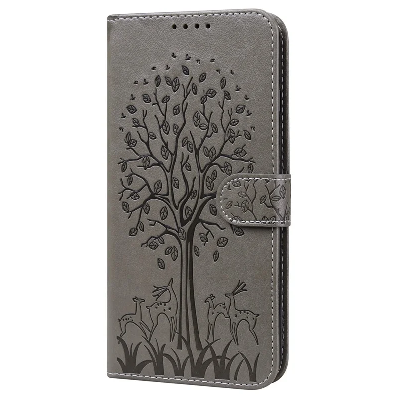 Tree and Deer Imprinted Double-sided Magnetic Clasp Scratch-resistant Stylish Leather Wallet Stand Phone Shell Case for Xiaomi Xiaomi Redmi 10 4G (2021)/Redmi 10 2022 4G/Redmi Note 11 4G (MediaTek)/Redmi 10 Prime - Grey