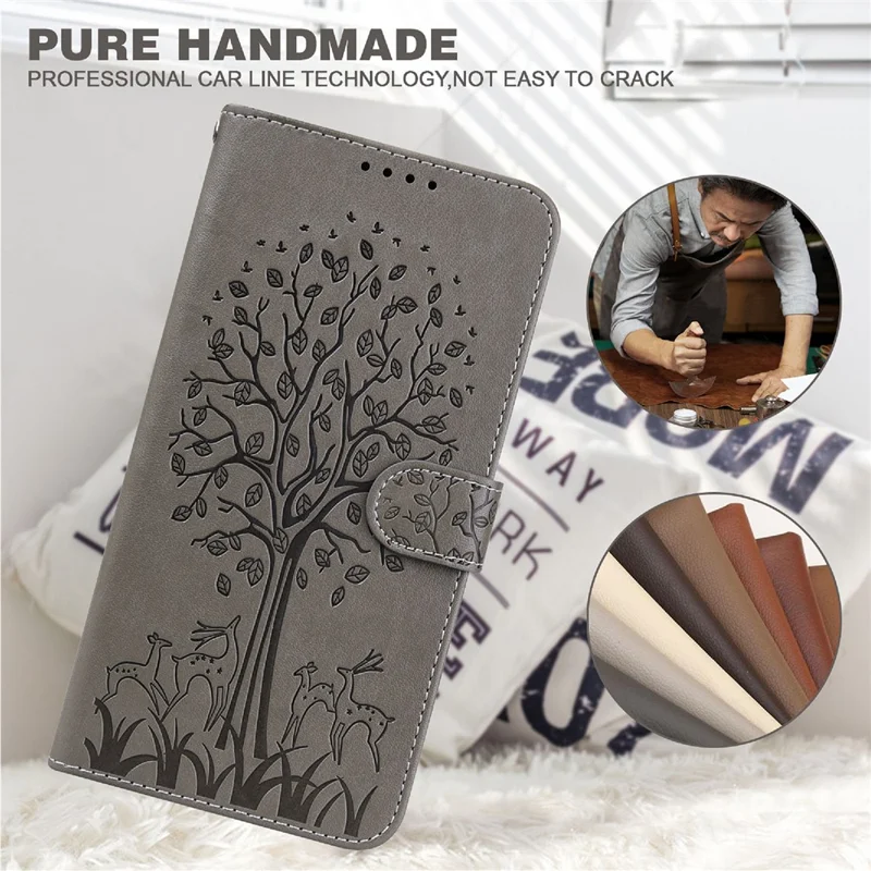 Tree and Deer Imprinted Double-sided Magnetic Clasp Scratch-resistant Stylish Leather Wallet Stand Phone Shell Case for Xiaomi Xiaomi Redmi 10 4G (2021)/Redmi 10 2022 4G/Redmi Note 11 4G (MediaTek)/Redmi 10 Prime - Grey