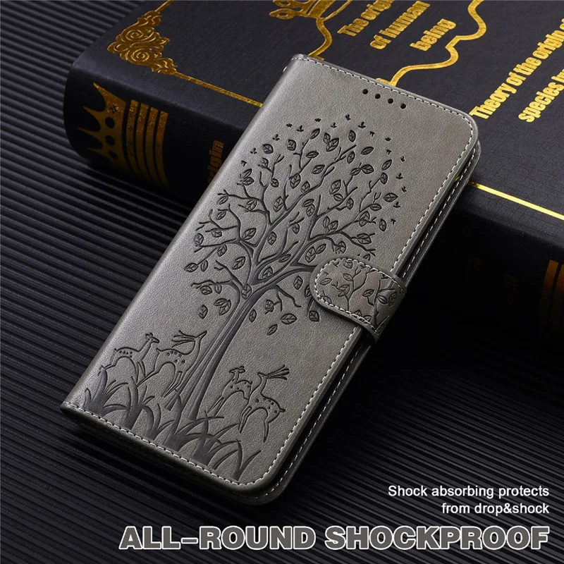 Tree and Deer Imprinted Double-sided Magnetic Clasp Scratch-resistant Stylish Leather Wallet Stand Phone Shell Case for Xiaomi Xiaomi Redmi 10 4G (2021)/Redmi 10 2022 4G/Redmi Note 11 4G (MediaTek)/Redmi 10 Prime - Grey