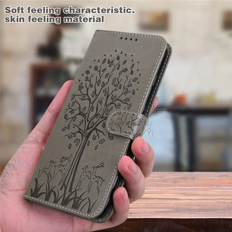 Tree and Deer Imprinted Double-sided Magnetic Clasp Scratch-resistant Stylish Leather Wallet Stand Phone Shell Case for Xiaomi Xiaomi Redmi 10 4G (2021)/Redmi 10 2022 4G/Redmi Note 11 4G (MediaTek)/Redmi 10 Prime - Grey
