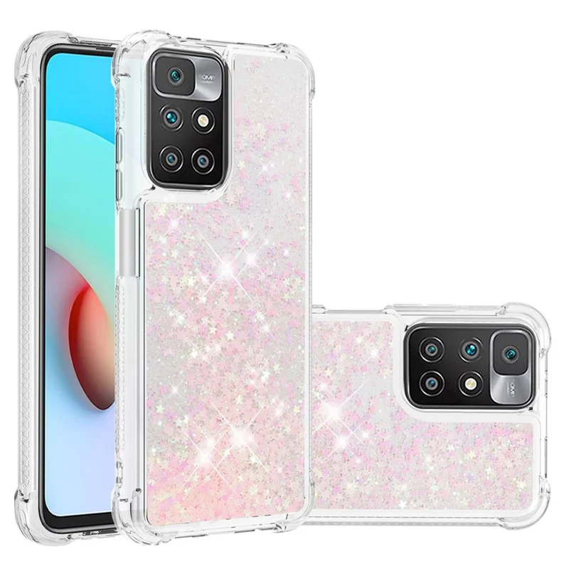 Fließende Flüssig-Quicksand Soft TPU Bumper Cushion Protective Phone Case für Xiaomi Redmi 10 4G (2021)/Redmi 10 2022 4G/Redmi Note 11 4G (MediaTek)/Redmi 10 Prime - Silber Pink Sterne